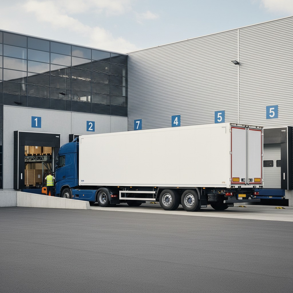 A blue semi-truck is parked at a warehouse loading dock while a worker in a high-visibility vest operates a forklift inside the bay.