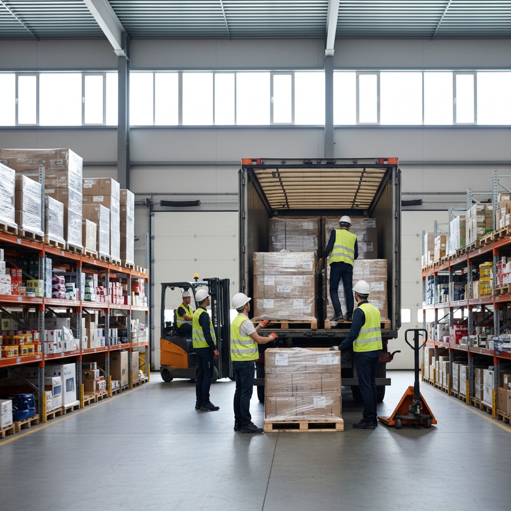 Warehouse workers in high-visibility vests and hard hats load pallets of goods into a delivery truck.