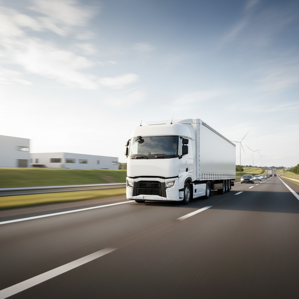 A white semi-truck drives along a highway past industrial buildings and wind turbines under a clear sky.