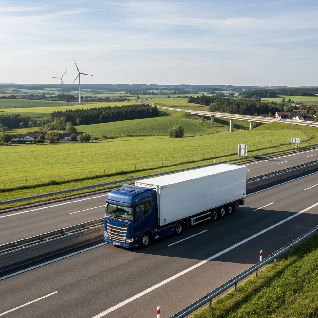A blue semi-truck with a white trailer drives along a highway through a green rural landscape with wind turbines in the distance.